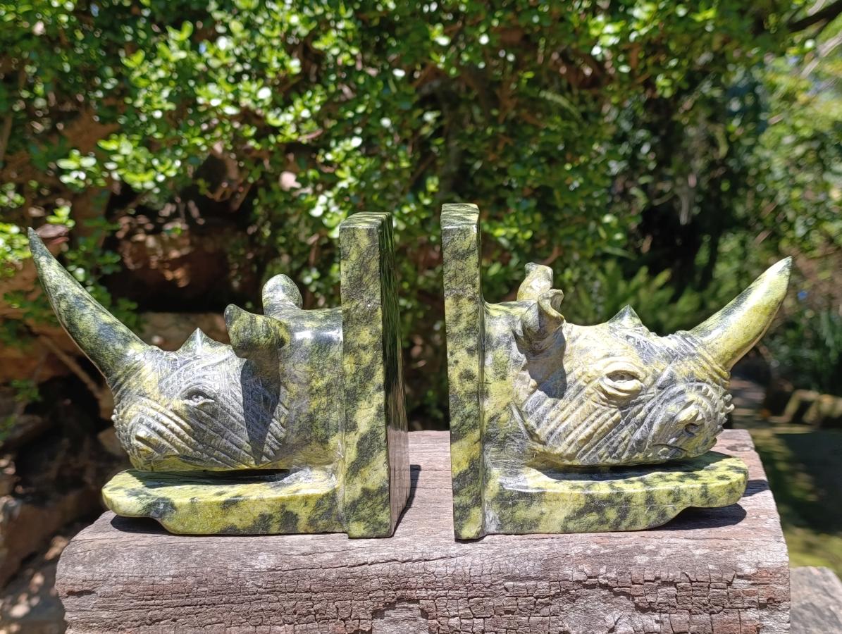Hand Made Large Pair of Green and Black Spotted Leopard Stone Rhinoceros Bookend Carvings x 1 From Zimbabwe