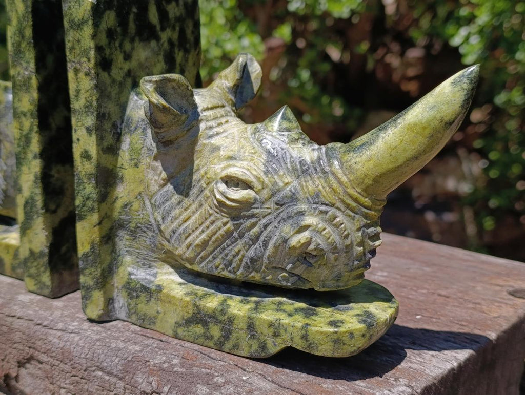 Hand Made Large Pair of Green and Black Spotted Leopard Stone Rhinoceros Bookend Carvings x 1 From Zimbabwe