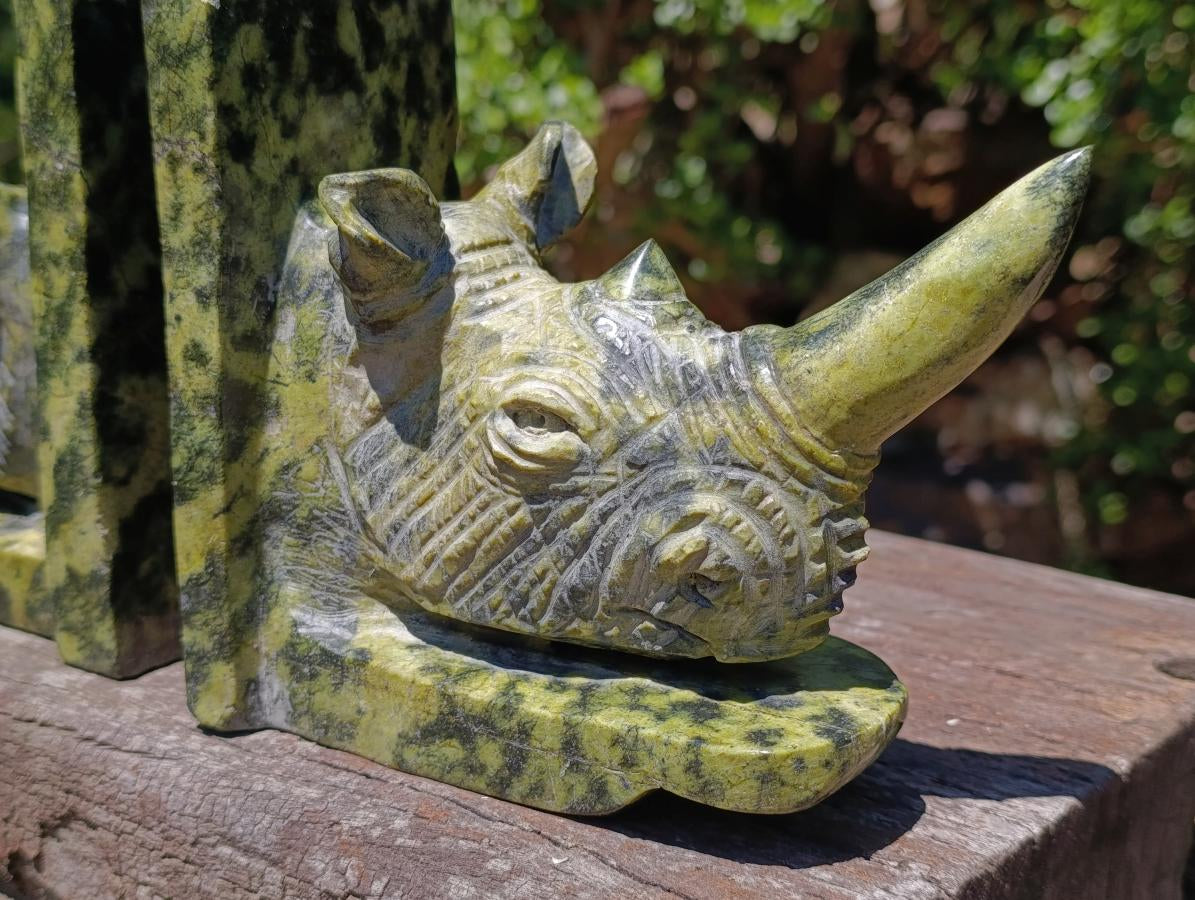 Hand Made Large Pair of Green and Black Spotted Leopard Stone Rhinoceros Bookend Carvings x 1 From Zimbabwe
