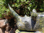 Hand Made Large Pair of Green and Black Spotted Leopard Stone Rhinoceros Bookend Carvings x 1 From Zimbabwe