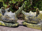 Hand Made Large Pair of Green and Black Spotted Leopard Stone Rhinoceros Bookend Carvings x 1 From Zimbabwe