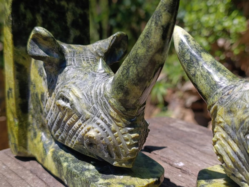 Hand Made Large Pair of Green and Black Spotted Leopard Stone Rhinoceros Bookend Carvings x 1 From Zimbabwe