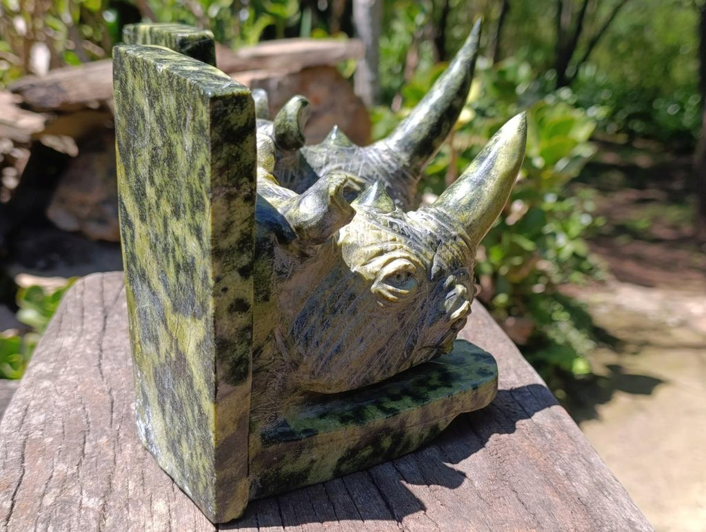 Hand Made Large Pair of Green and Black Spotted Leopard Stone Rhinoceros Bookend Carvings x 1 From Zimbabwe