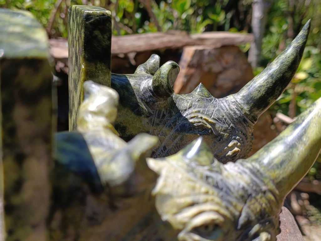 Hand Made Large Pair of Green and Black Spotted Leopard Stone Rhinoceros Bookend Carvings x 1 From Zimbabwe