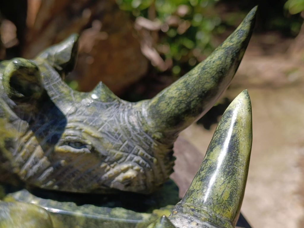 Hand Made Large Pair of Green and Black Spotted Leopard Stone Rhinoceros Bookend Carvings x 1 From Zimbabwe