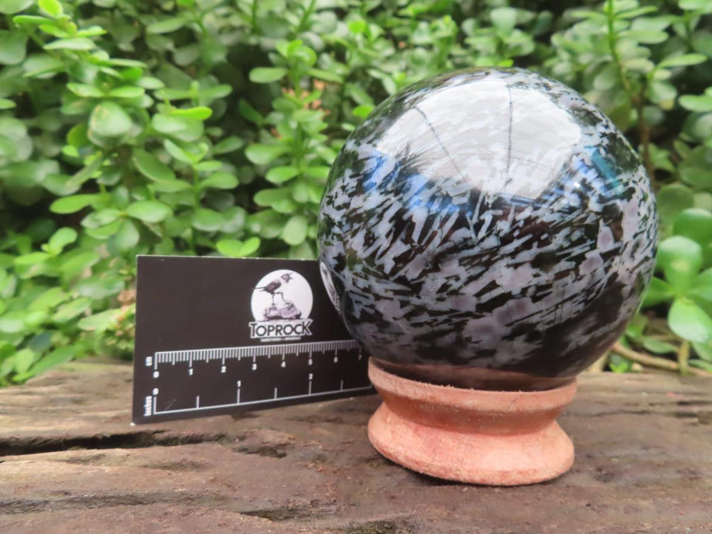 Polished Large Merlinite Gabbro Sphere with Wooden Stand x 1 From Madagascar