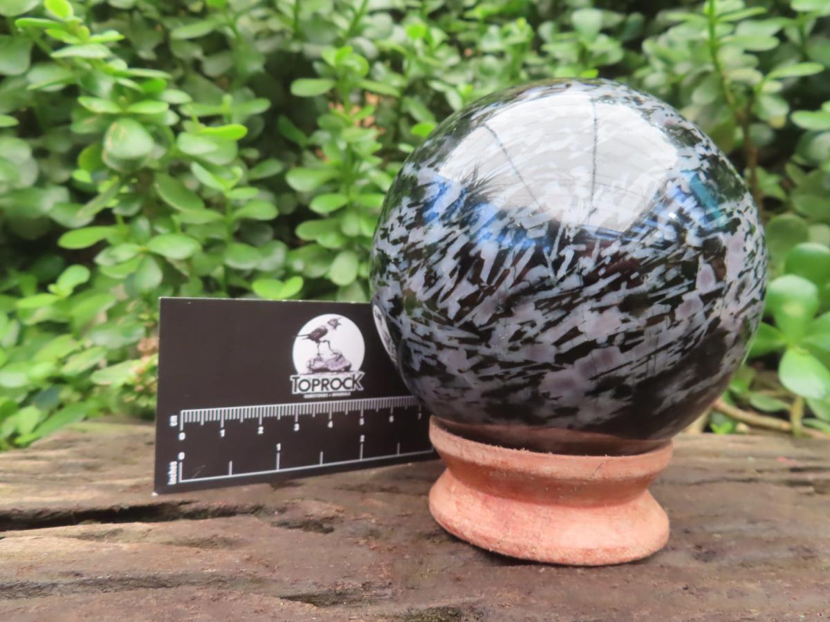 Polished Large Merlinite Gabbro Sphere with Wooden Stand x 1 From Madagascar