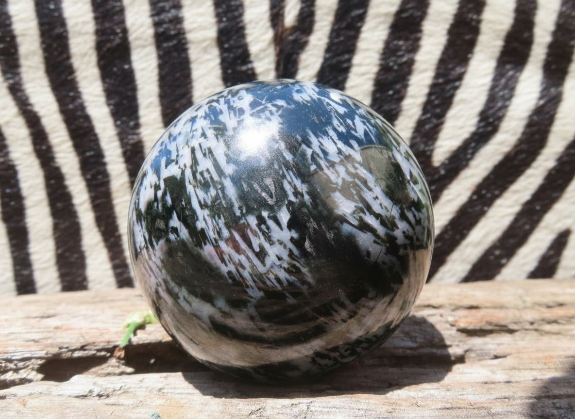 Polished Large Merlinite Gabbro Sphere with Wooden Stand x 1 From Madagascar