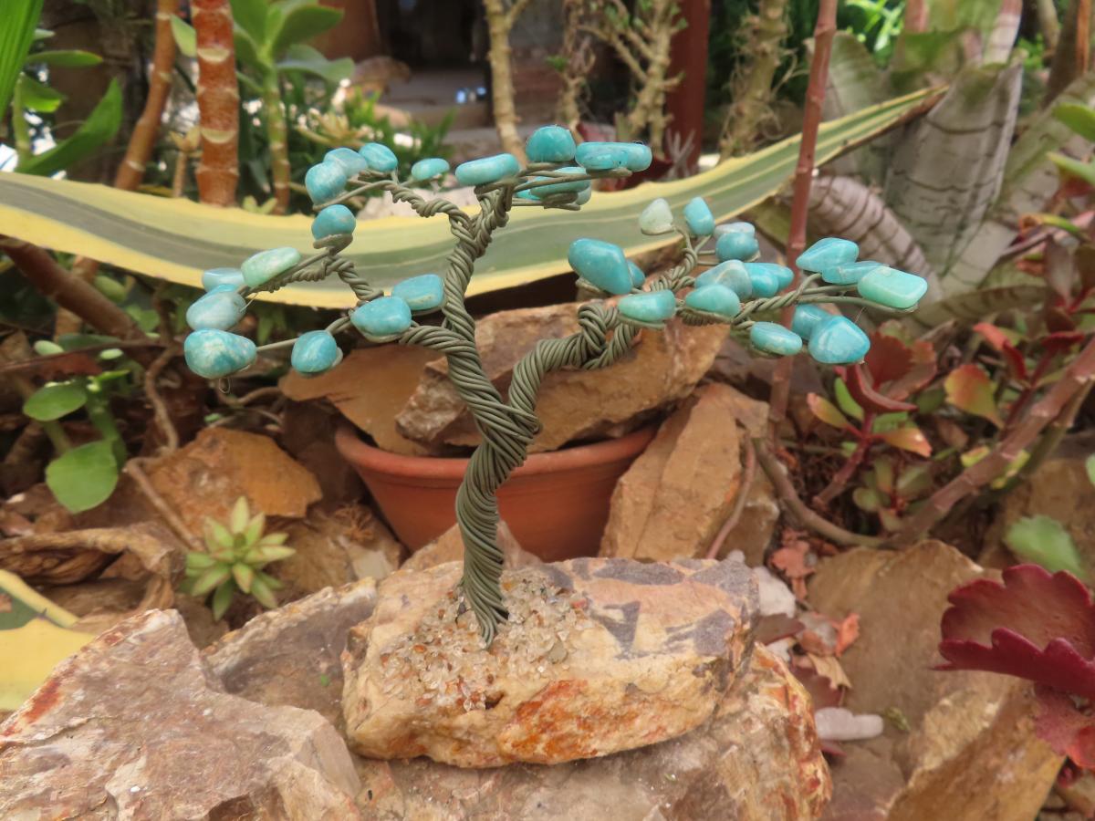 Hand Made Amazonite Gemstone Tree on Feldspar Base x 1 From Zimbabwe