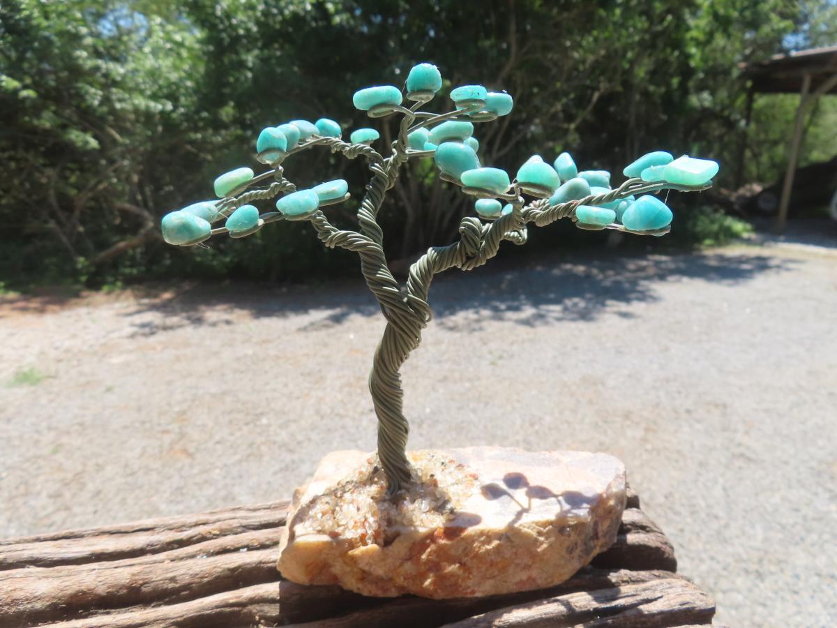 Hand Made Amazonite Gemstone Tree on Feldspar Base x 1 From Zimbabwe