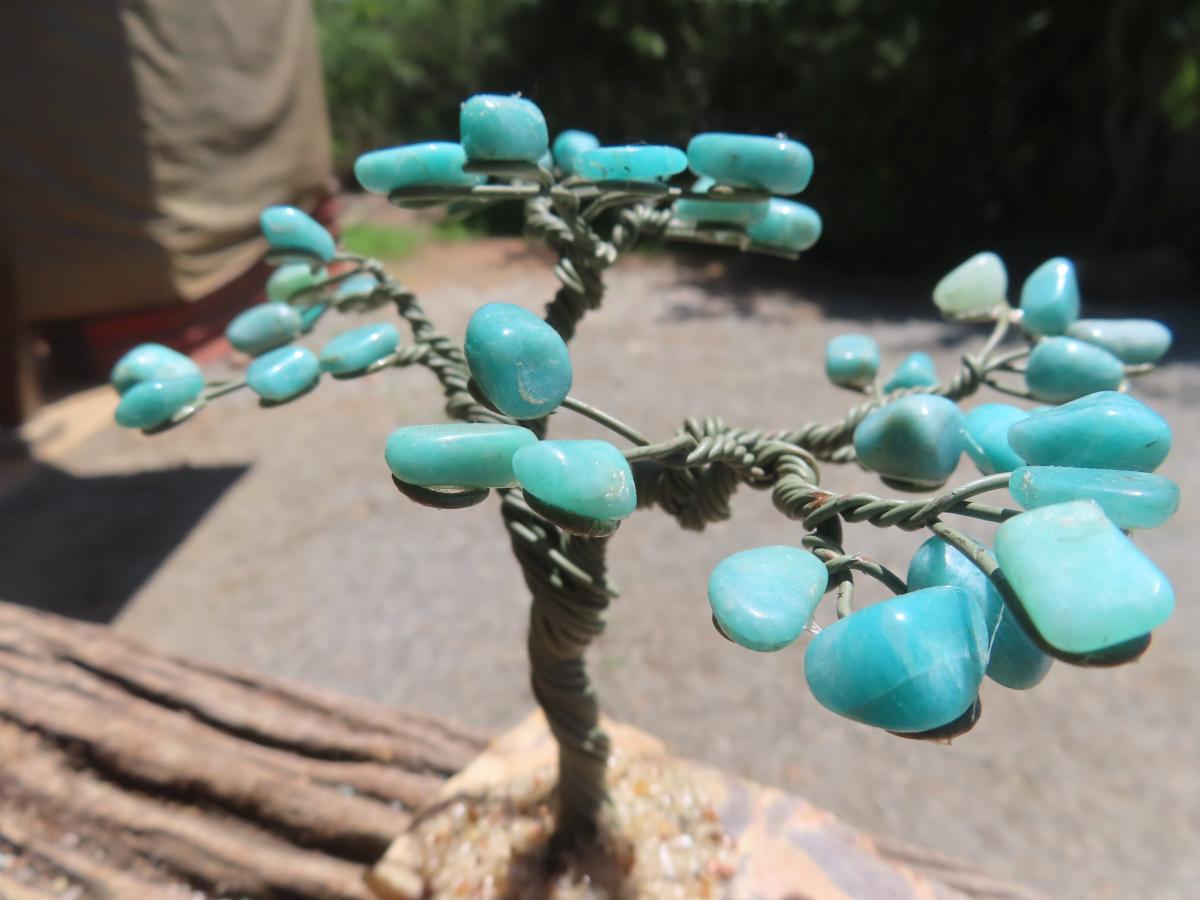 Hand Made Amazonite Gemstone Tree on Feldspar Base x 1 From Zimbabwe