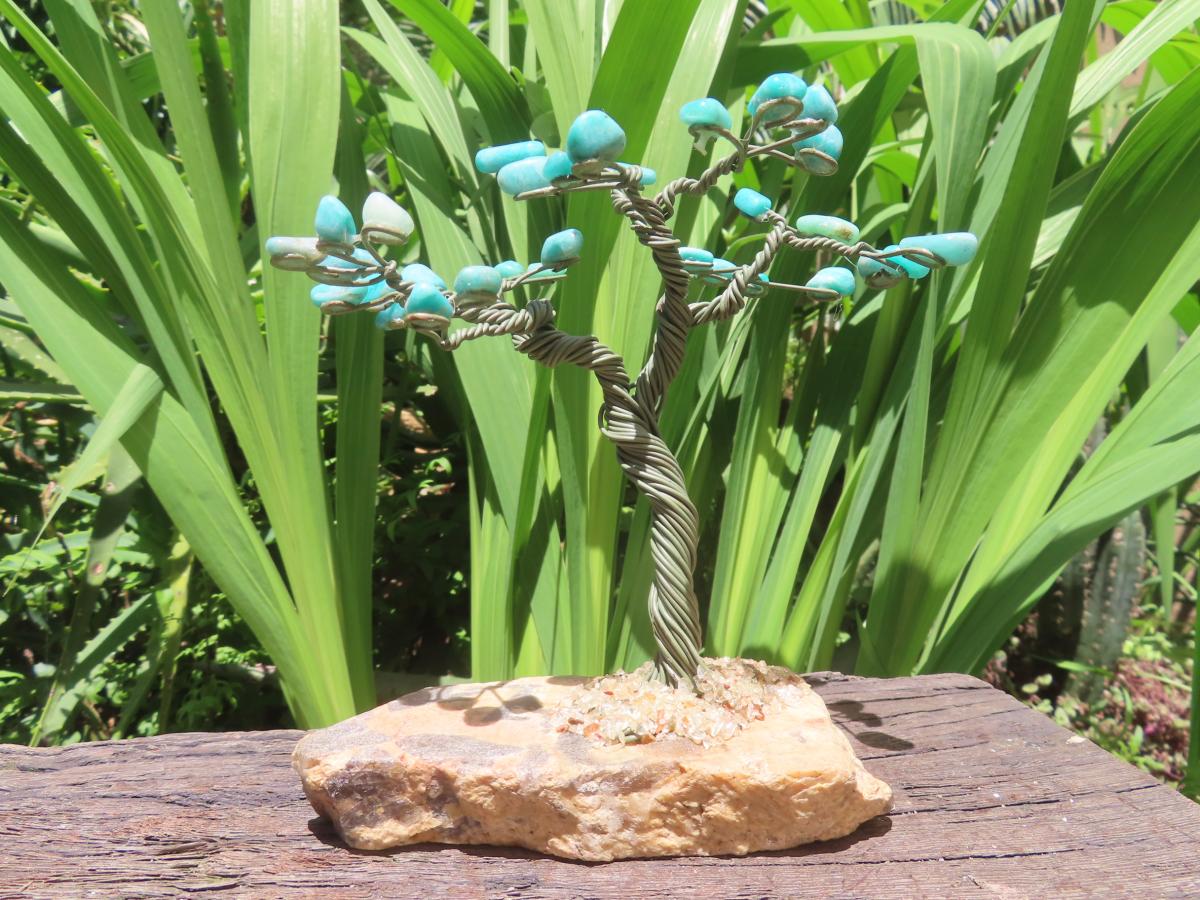 Hand Made Amazonite Gemstone Tree on Feldspar Base x 1 From Zimbabwe