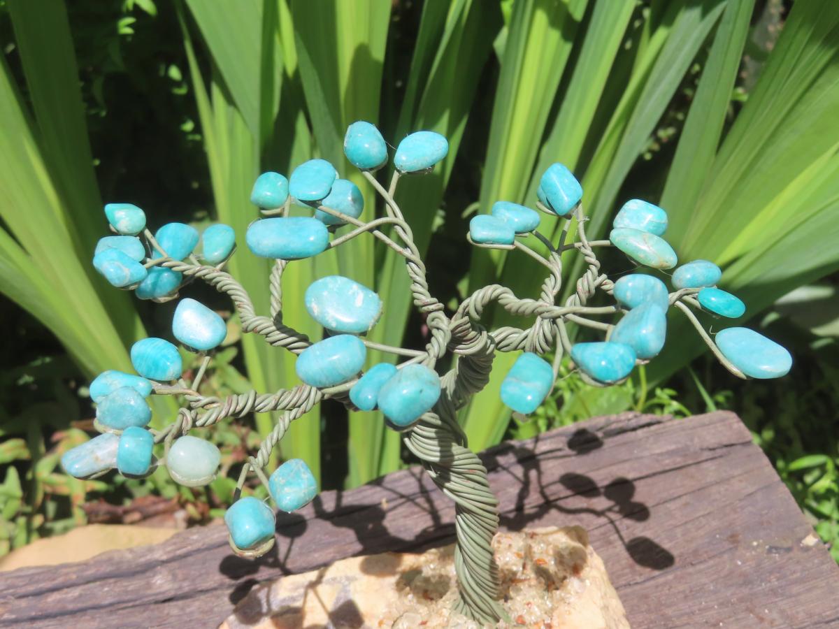 Hand Made Amazonite Gemstone Tree on Feldspar Base x 1 From Zimbabwe