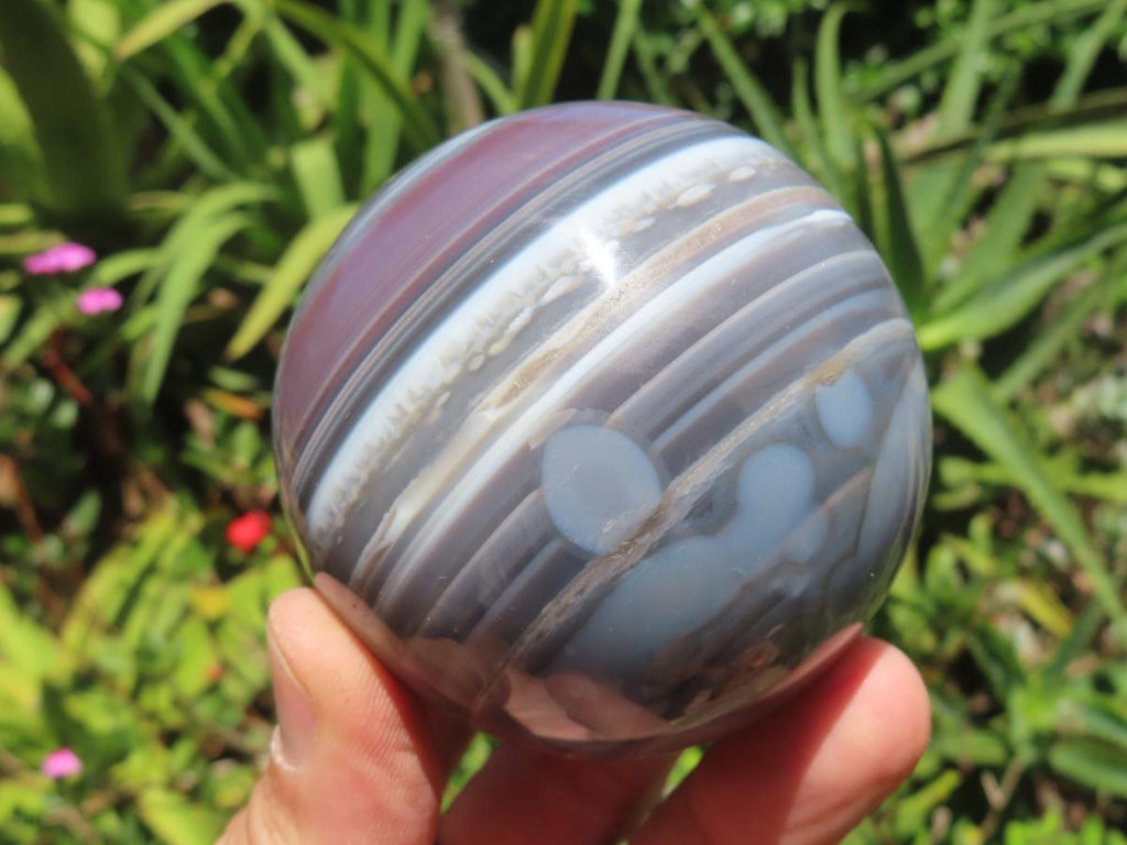 Polished Red, Grey and White Sardonyx Agate Sphere x 1 From Shashe River, Zimbabwe