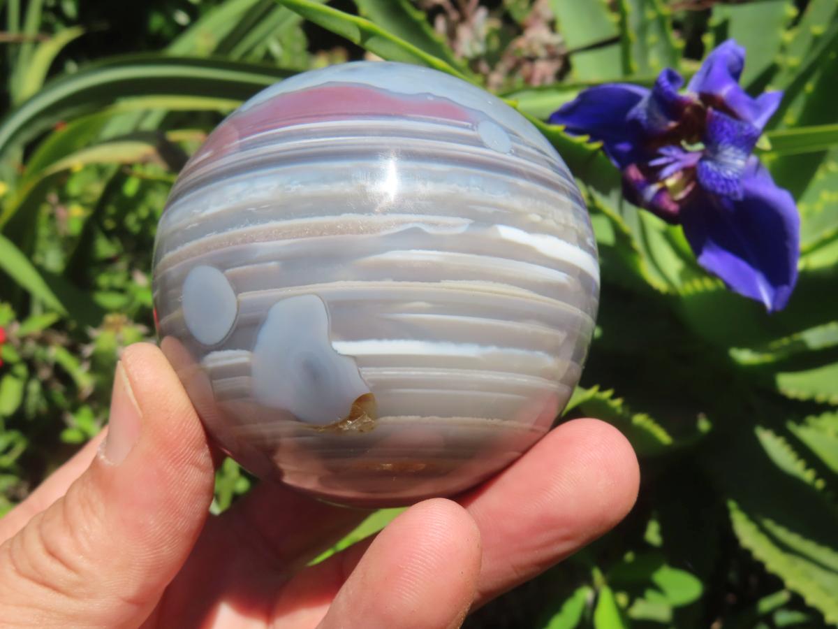 Polished Red, Grey and White Sardonyx Agate Sphere x 1 From Shashe River, Zimbabwe
