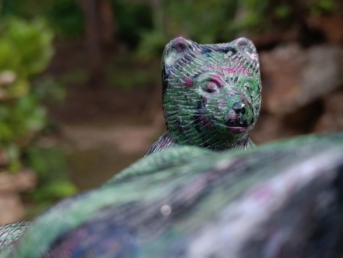 Polished Rare Hand Made Ruby Zoisite Mamma Bear and Cubs Carving x 1 From Tanzania