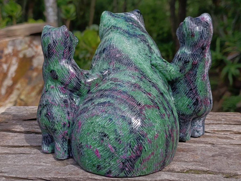 Polished Rare Hand Made Ruby Zoisite Mamma Bear and Cubs Carving x 1 From Tanzania