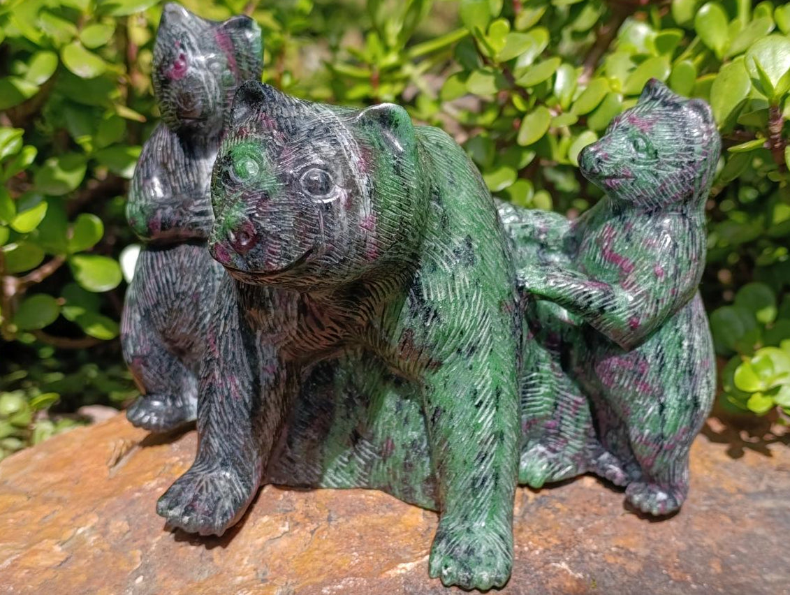Polished Rare Hand Made Ruby Zoisite Mamma Bear and Cubs Carving x 1 From Tanzania