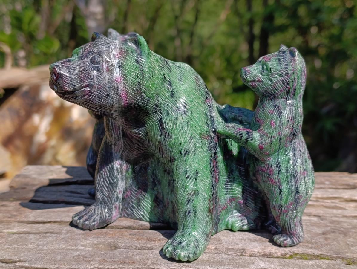Polished Rare Hand Made Ruby Zoisite Mamma Bear and Cubs Carving x 1 From Tanzania