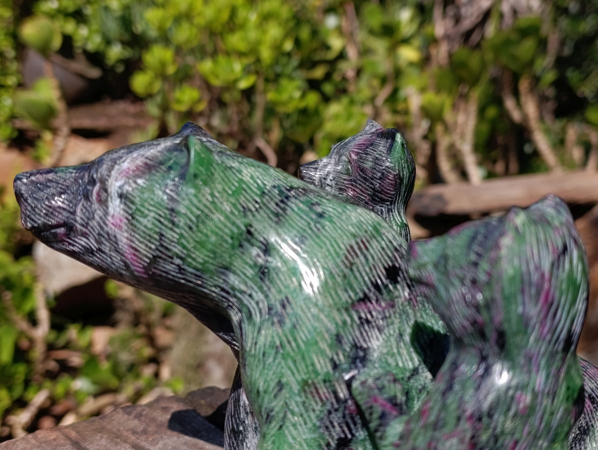 Polished Rare Hand Made Ruby Zoisite Mamma Bear and Cubs Carving x 1 From Tanzania