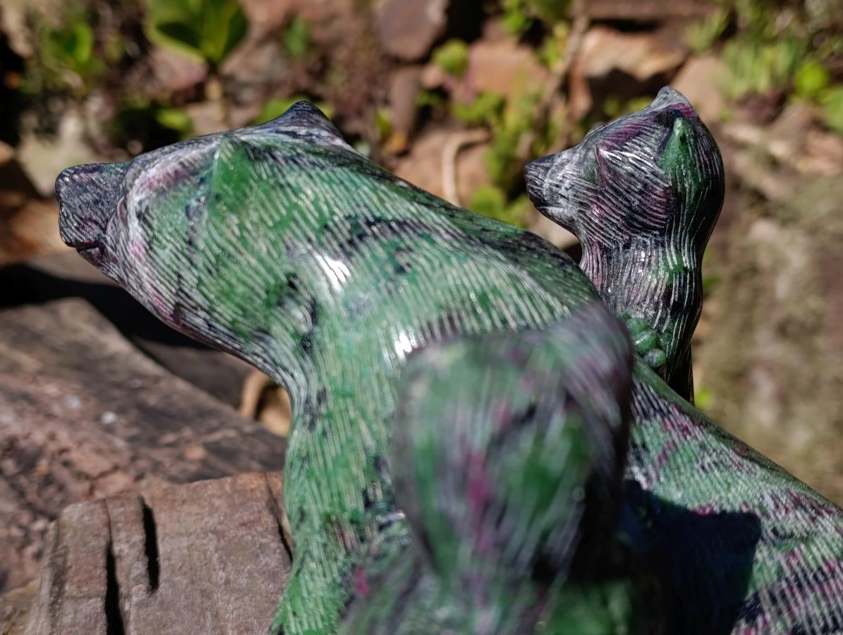 Polished Rare Hand Made Ruby Zoisite Mamma Bear and Cubs Carving x 1 From Tanzania