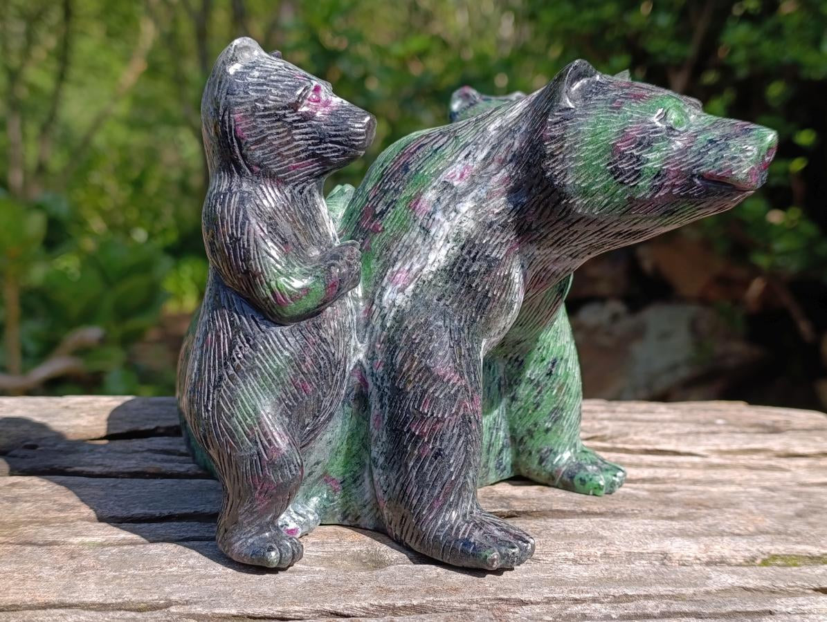 Polished Rare Hand Made Ruby Zoisite Mamma Bear and Cubs Carving x 1 From Tanzania
