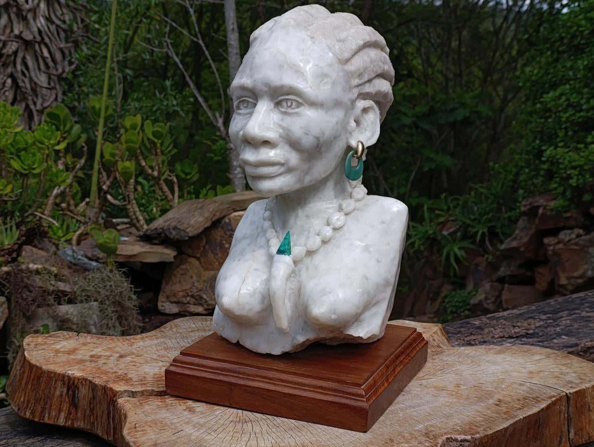 Hand Made XXL Traditional African Woman Bust White Marble Sculpture x 1 From Zimbabwe