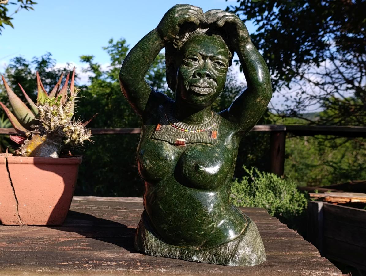 Hand Made XL Dancing Woman Verdite Bust Sculpture x 1 From Zimbabwe
