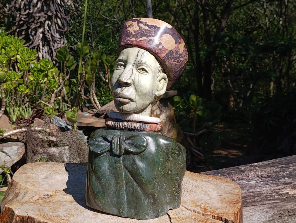 Hand Carved Verdite and African Butter Jade Royal African Woman Bust Sculpture x 1 From Southern Africa