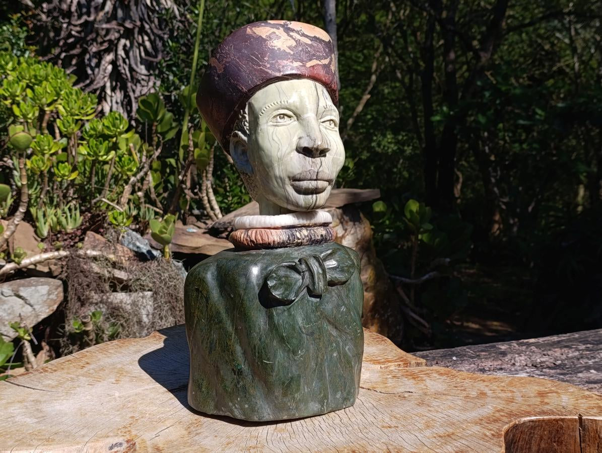 Hand Carved Verdite and African Butter Jade Royal African Woman Bust Sculpture x 1 From Southern Africa
