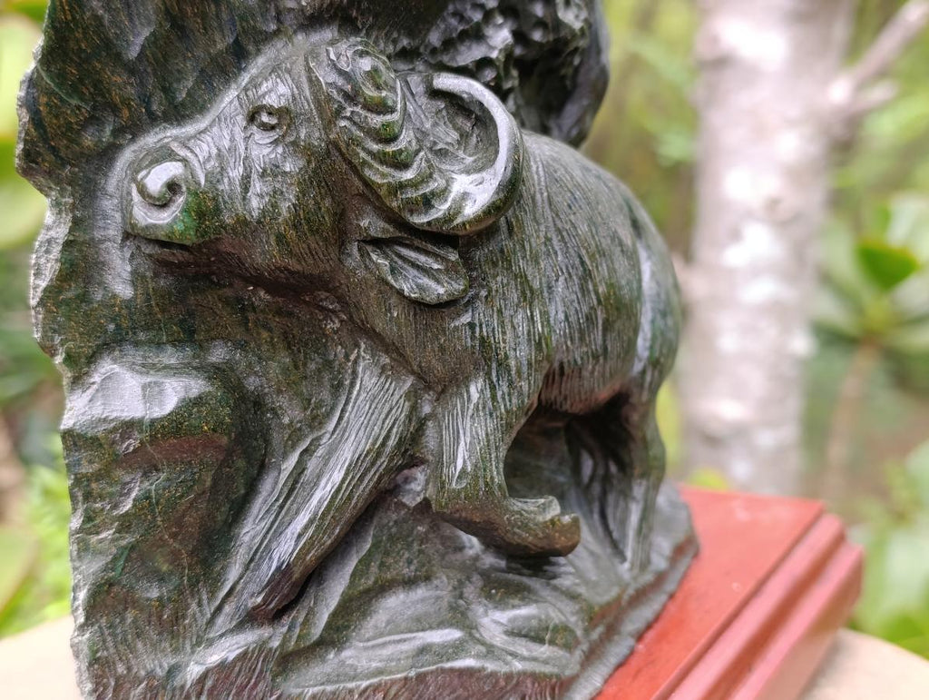 Hand Carved Scenic Buffalo Under a Tree, Verdite Plate Sculpture x 1 From Zimbabwe