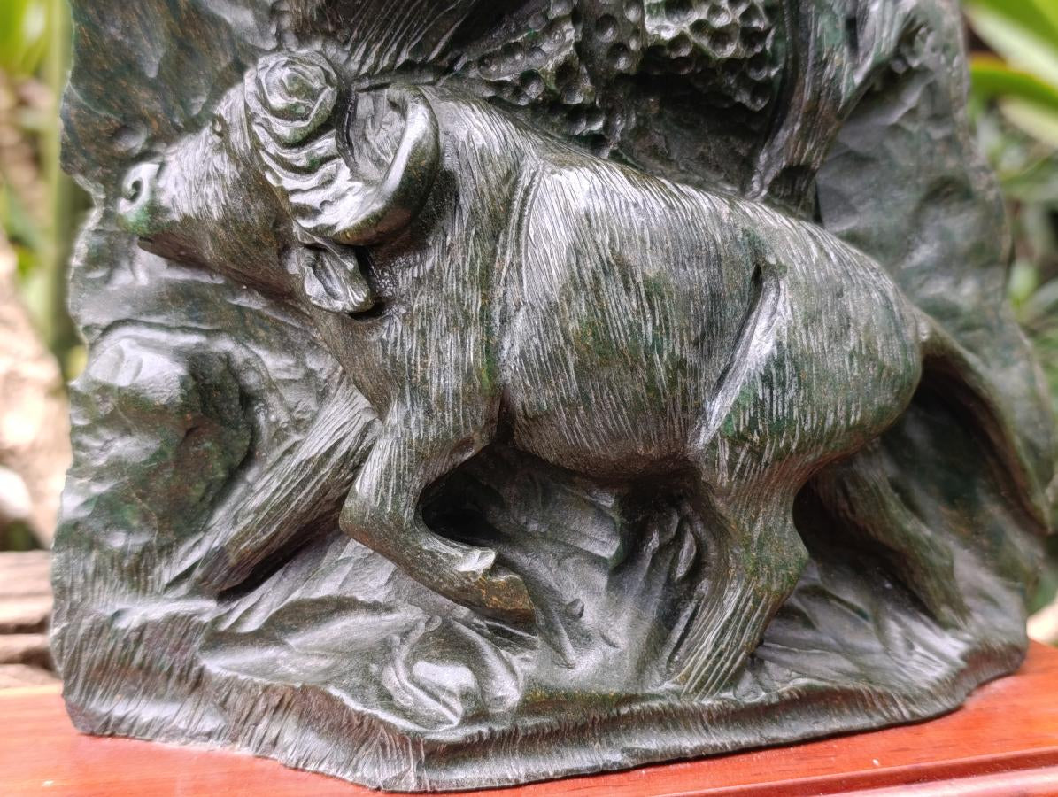 Hand Carved Scenic Buffalo Under a Tree, Verdite Plate Sculpture x 1 From Zimbabwe