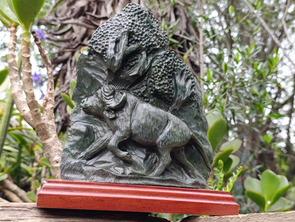Hand Carved Scenic Buffalo Under a Tree, Verdite Plate Sculpture x 1 From Zimbabwe