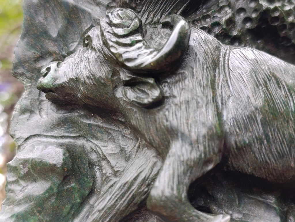 Hand Carved Scenic Buffalo Under a Tree, Verdite Plate Sculpture x 1 From Zimbabwe