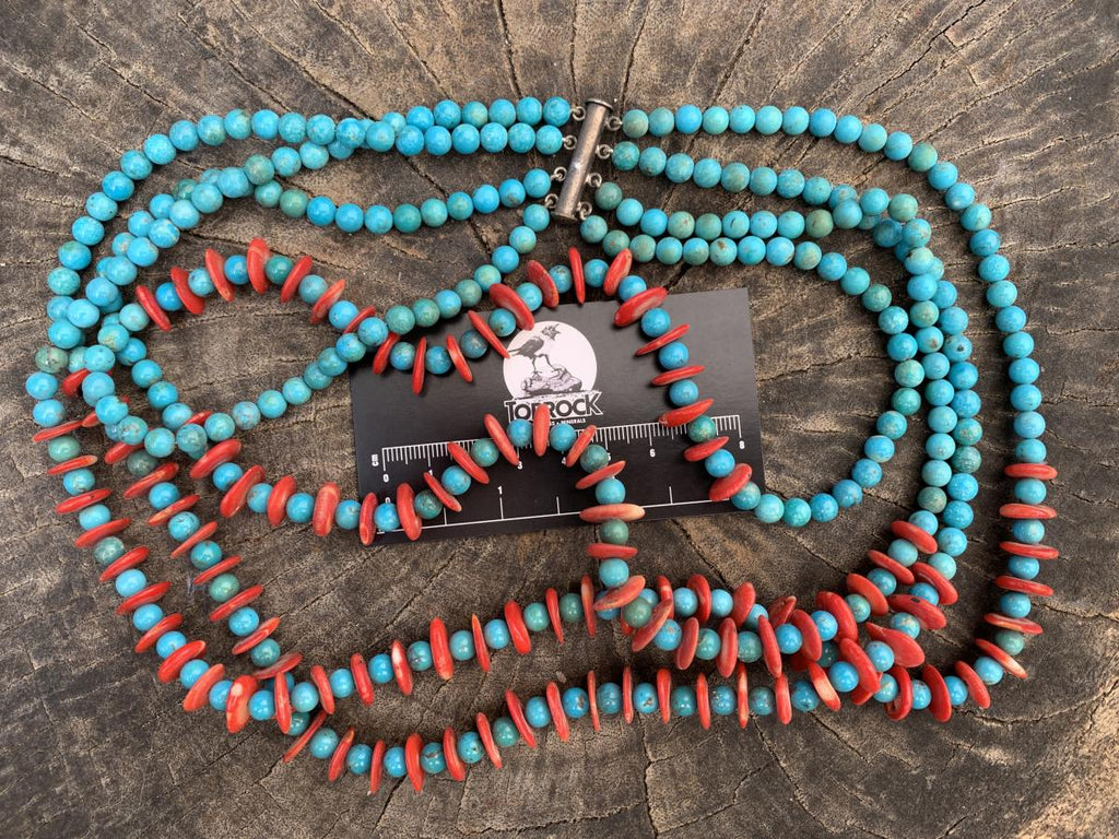 Hand Made Red Bamboo Coral and Turquoise Necklace x 1 From Mexico