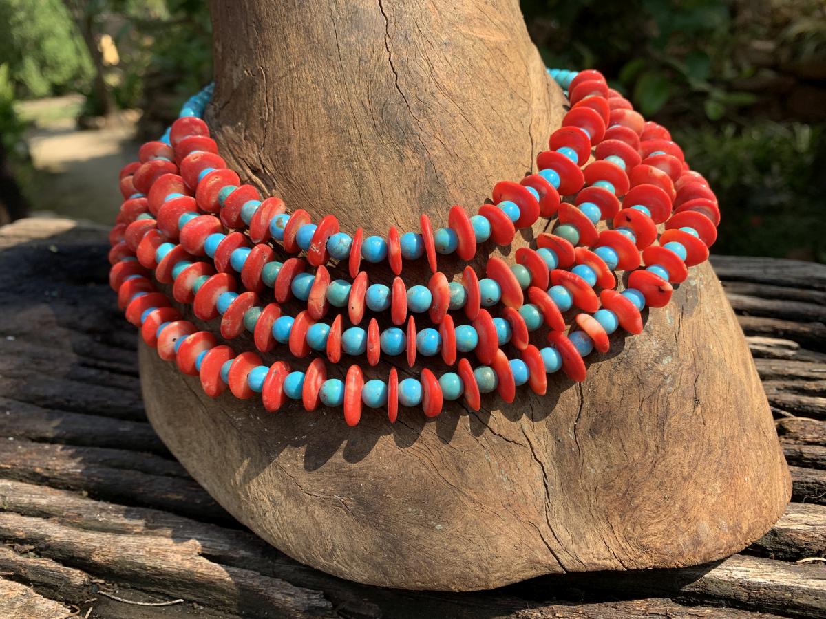 Hand Made Red Bamboo Coral and Turquoise Necklace x 1 From Mexico