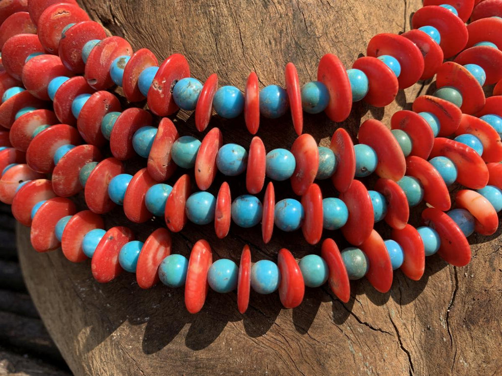 Hand Made Red Bamboo Coral and Turquoise Necklace x 1 From Mexico