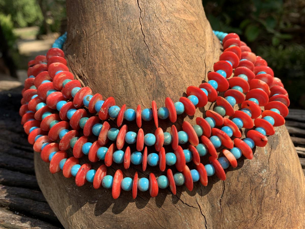 Hand Made Red Bamboo Coral and Turquoise Necklace x 1 From Mexico