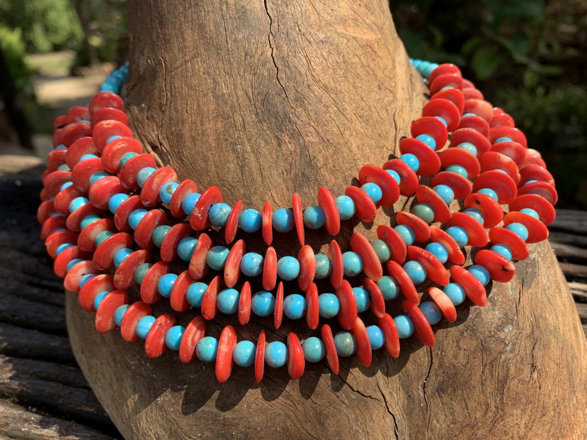 Hand Made Red Bamboo Coral and Turquoise Necklace x 1 From Mexico