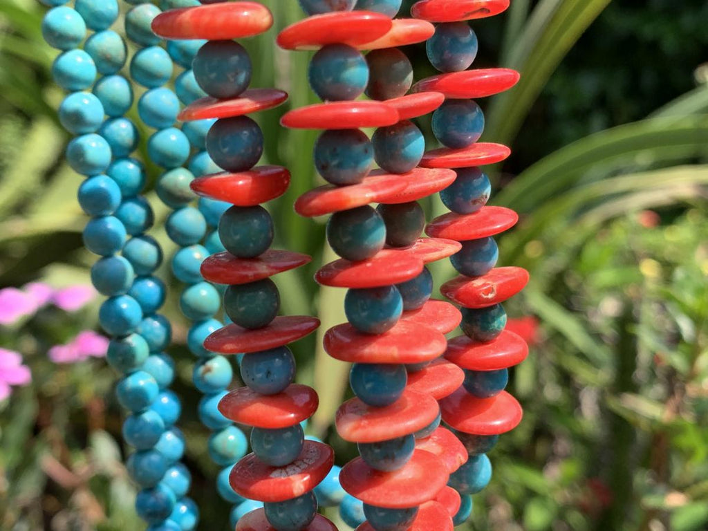 Hand Made Red Bamboo Coral and Turquoise Necklace x 1 From Mexico