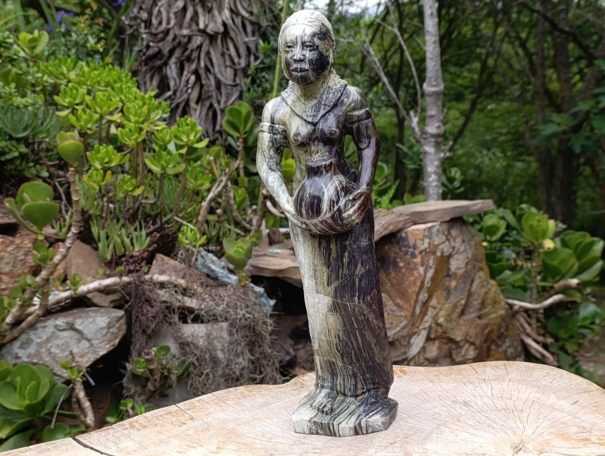 Carved African Butter Jade Traditional Lady Carrying Water Sculpture x1 From South Africa