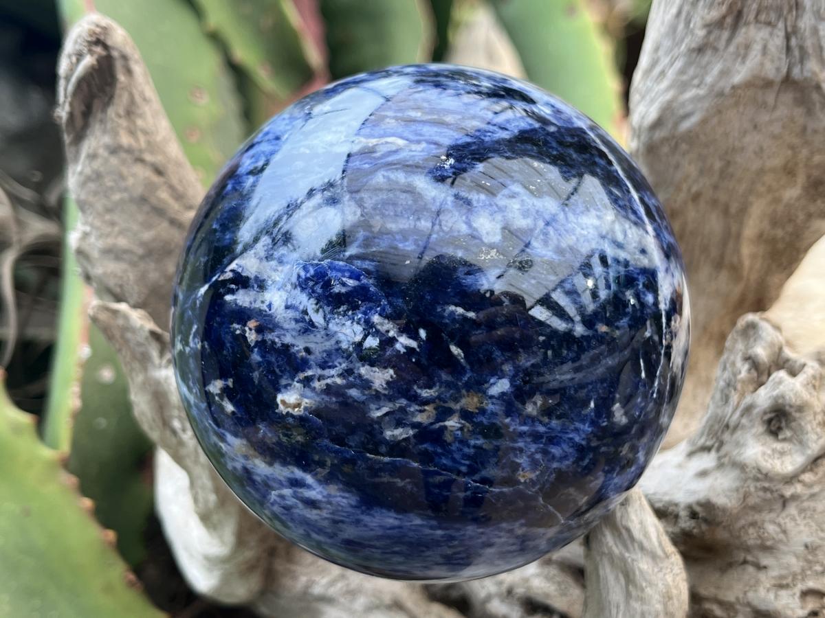Polished Blue Sodalite Gemstone Sphere with Rose Wood Stand x 1 From Kunene River, Namibia