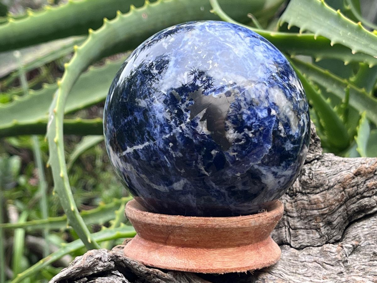 Polished Blue Sodalite Gemstone Sphere with Rose Wood Stand x 1 From Kunene River, Namibia
