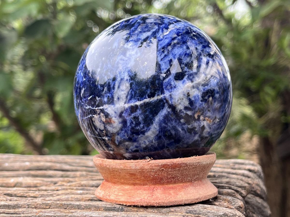 Polished Blue Sodalite Gemstone Sphere with Rose Wood Stand x 1 From Kunene River, Namibia