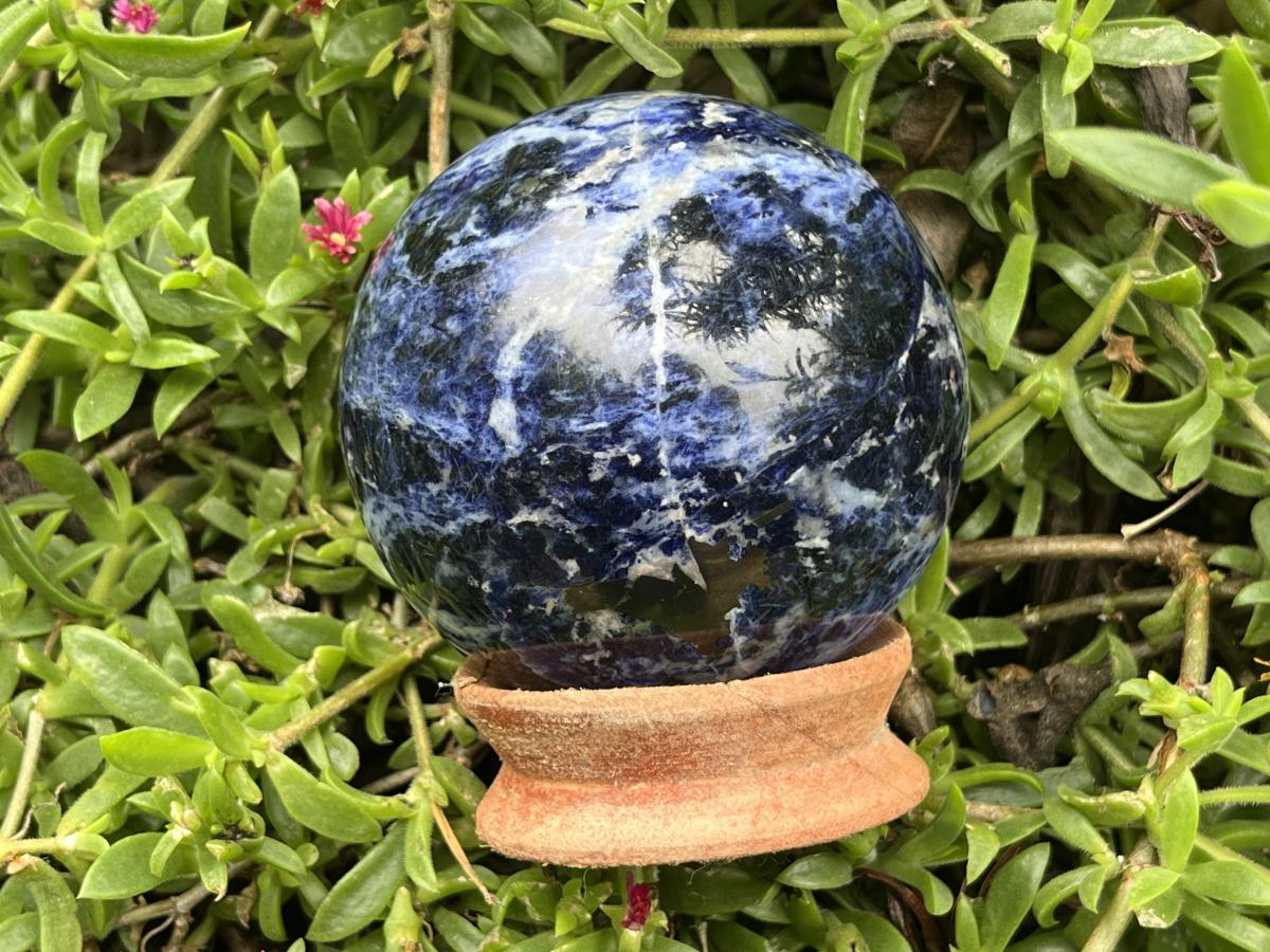 Polished Blue Sodalite Gemstone Sphere with Rose Wood Stand x 1 From Kunene River, Namibia