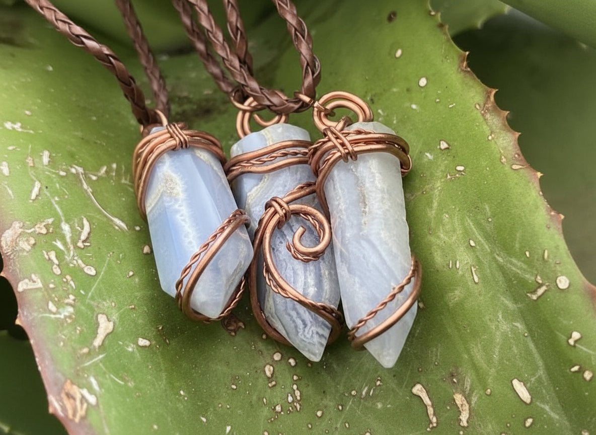 Hand Made Blue Lace Agate Copper Wire Art Pendants x 10 - Sold Per Piece - From Namibia