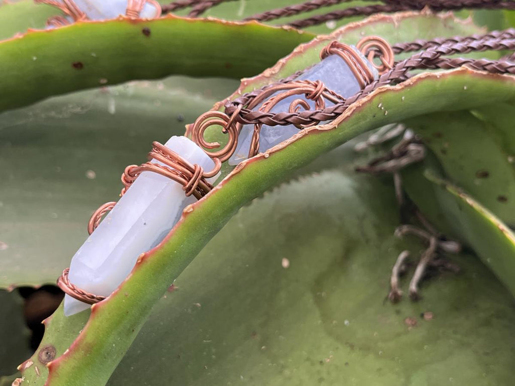 Hand Made Blue Lace Agate Copper Wire Art Pendants x 10 - Sold Per Piece - From Namibia