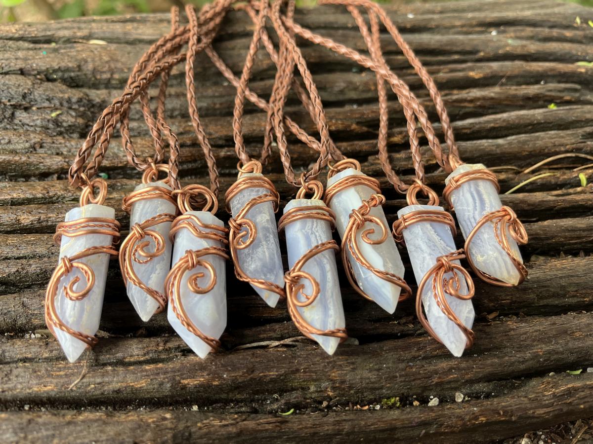 Hand Made Blue Lace Agate Copper Wire Art Pendants x 10 - Sold Per Piece - From Namibia