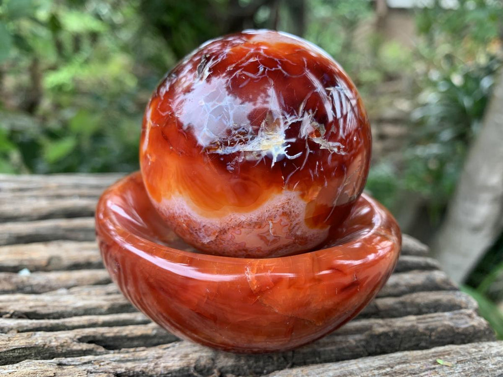 Polished Hollow Crystalline Geode Carnelian Sphere and Dish Set x 1 From Madagascar