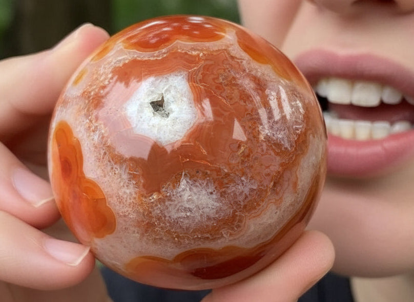 Polished Hollow Crystalline Geode Carnelian Sphere and Dish Set x 1 From Madagascar